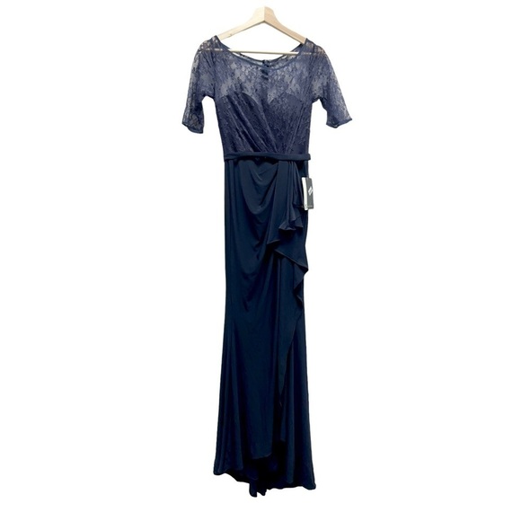 NWT JS Collections Navy Lace Gown Mesh Maxi Dress Size‎ 4 - Picture 1 of 10